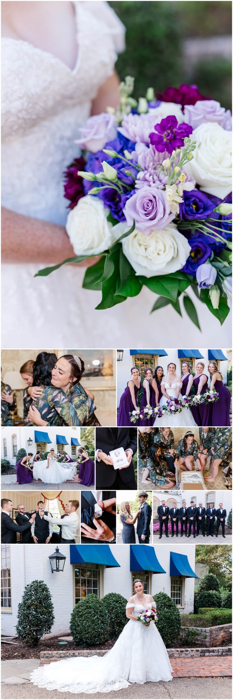 collage of Elle and Andrew getting ready and pre-ceremony images at one of many magical Williamsburg Inn Weddings