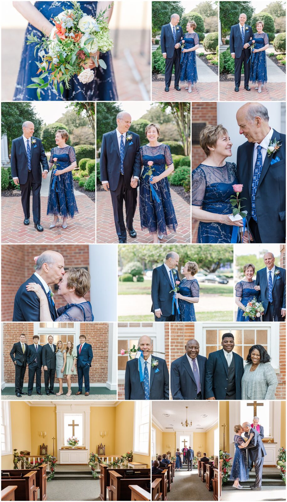 collage of images of bride and groom for micro wedding in Williamsburg United Methodist Church