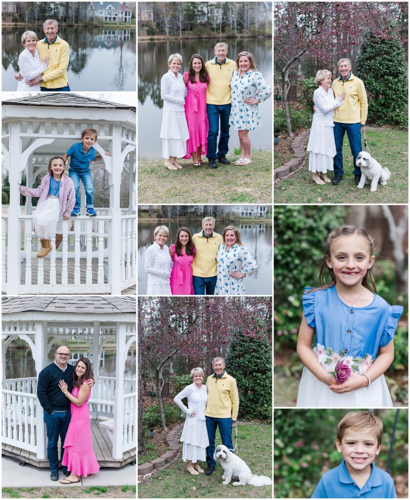 collage of images of family in Ford's Colony for spring family photos in Williamsburg, VA
