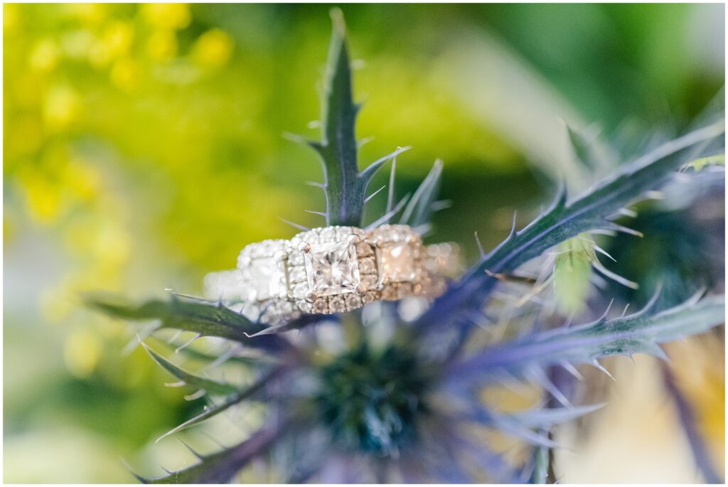 fun macro image of bride's ring on florals 