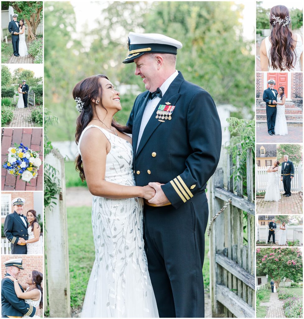 collage of images with Colonial Williamsburg elopement photographer, garden
