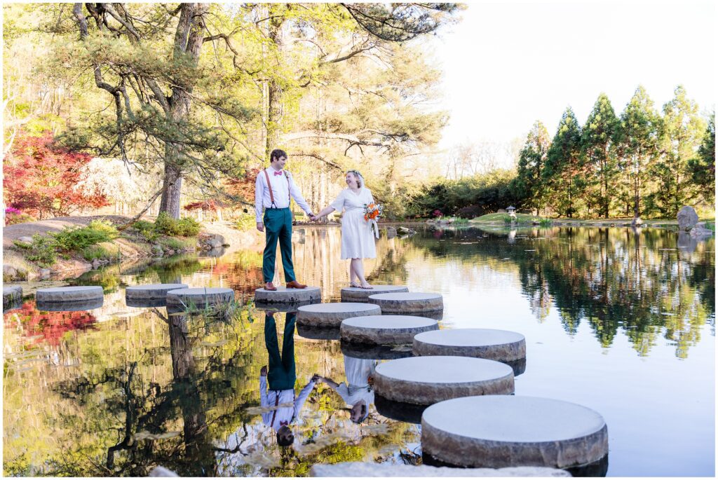 couple walk with reflection in water after Maymont wedding elopement during Covid