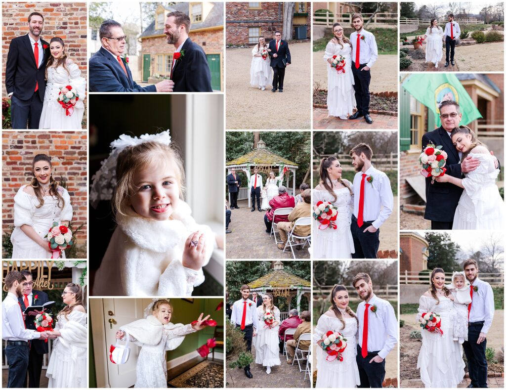 collage of images from red and pink themed elopement in Williamsburg, VA