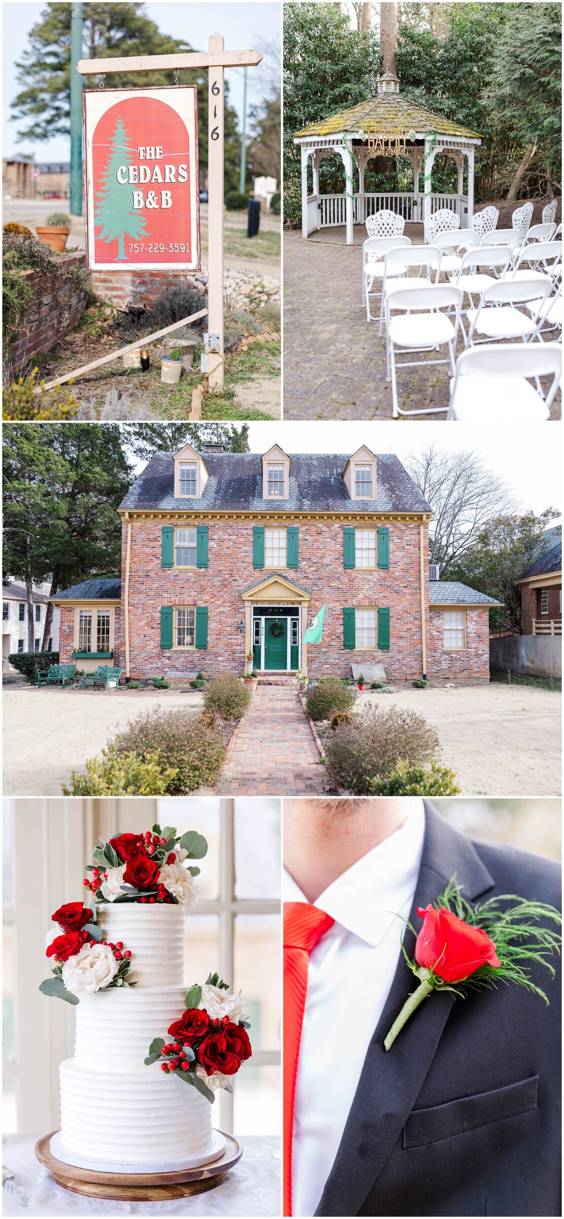 collage of sign, front and gazebo images at Cedars of Williamsburg Bed and Breakfast Wedding