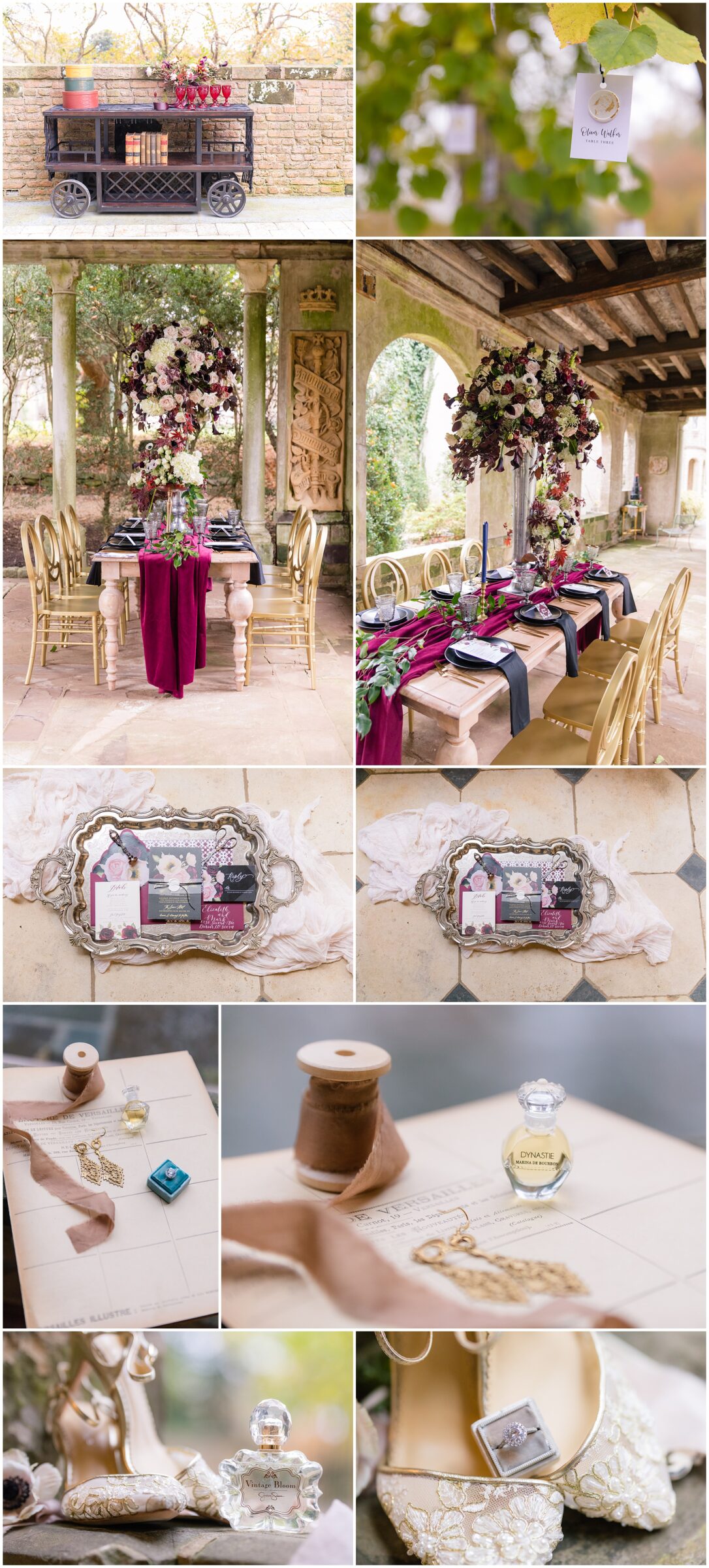 collage of detail images for styled session set up like a wedding 