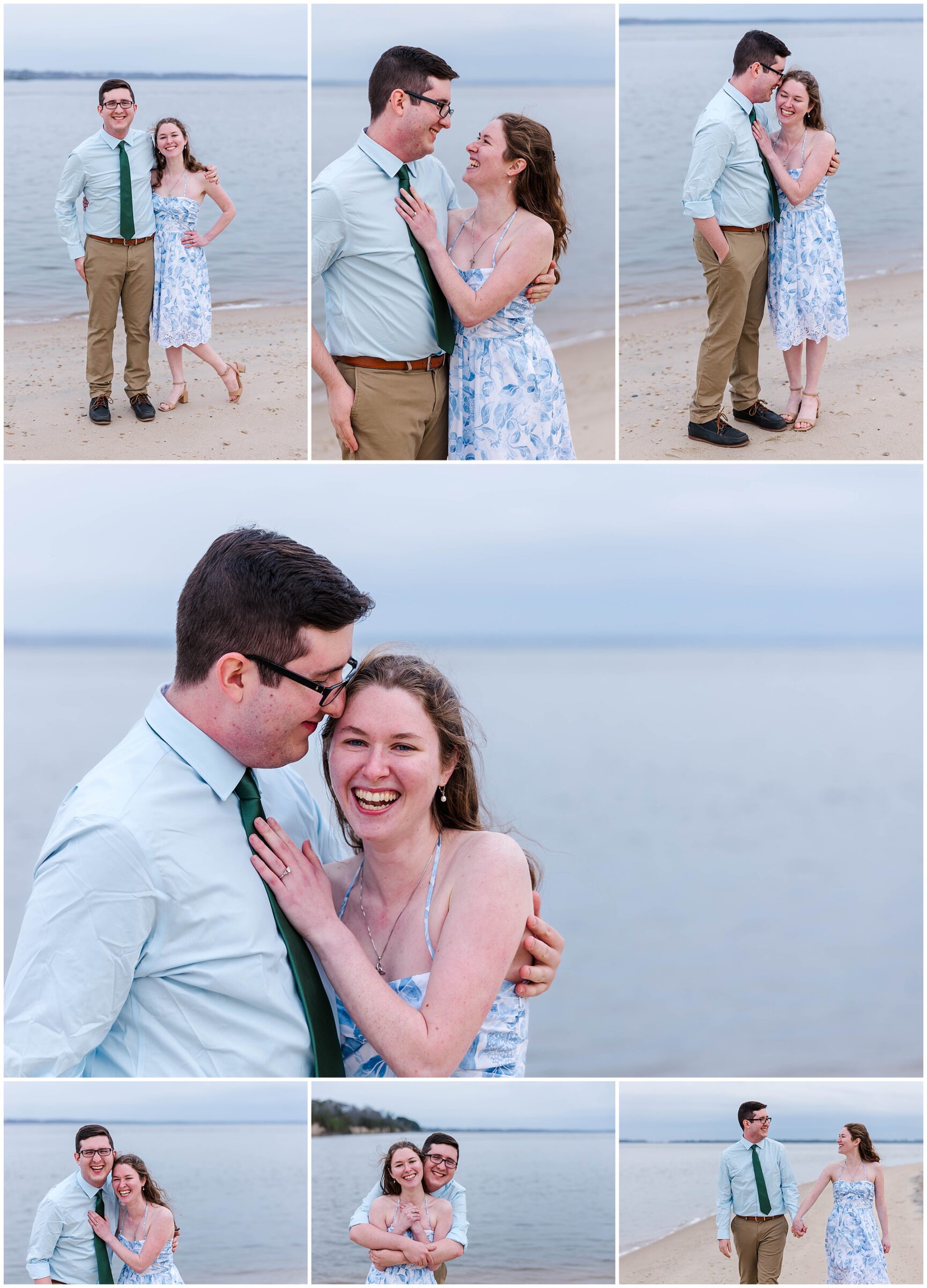 collage of images of future bride in blue dress on serene beach in Williamsburg, VA engagement session
