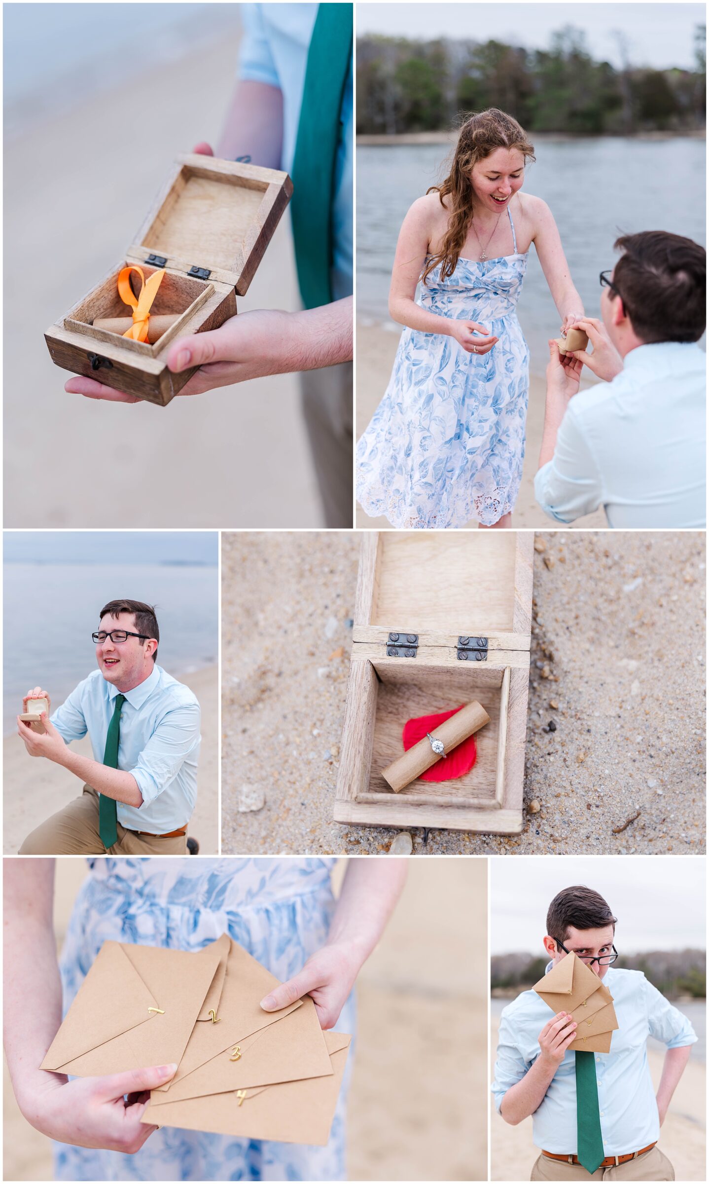 collage of details like scavenger hunt and scroll inside box to tell their beach engagement story