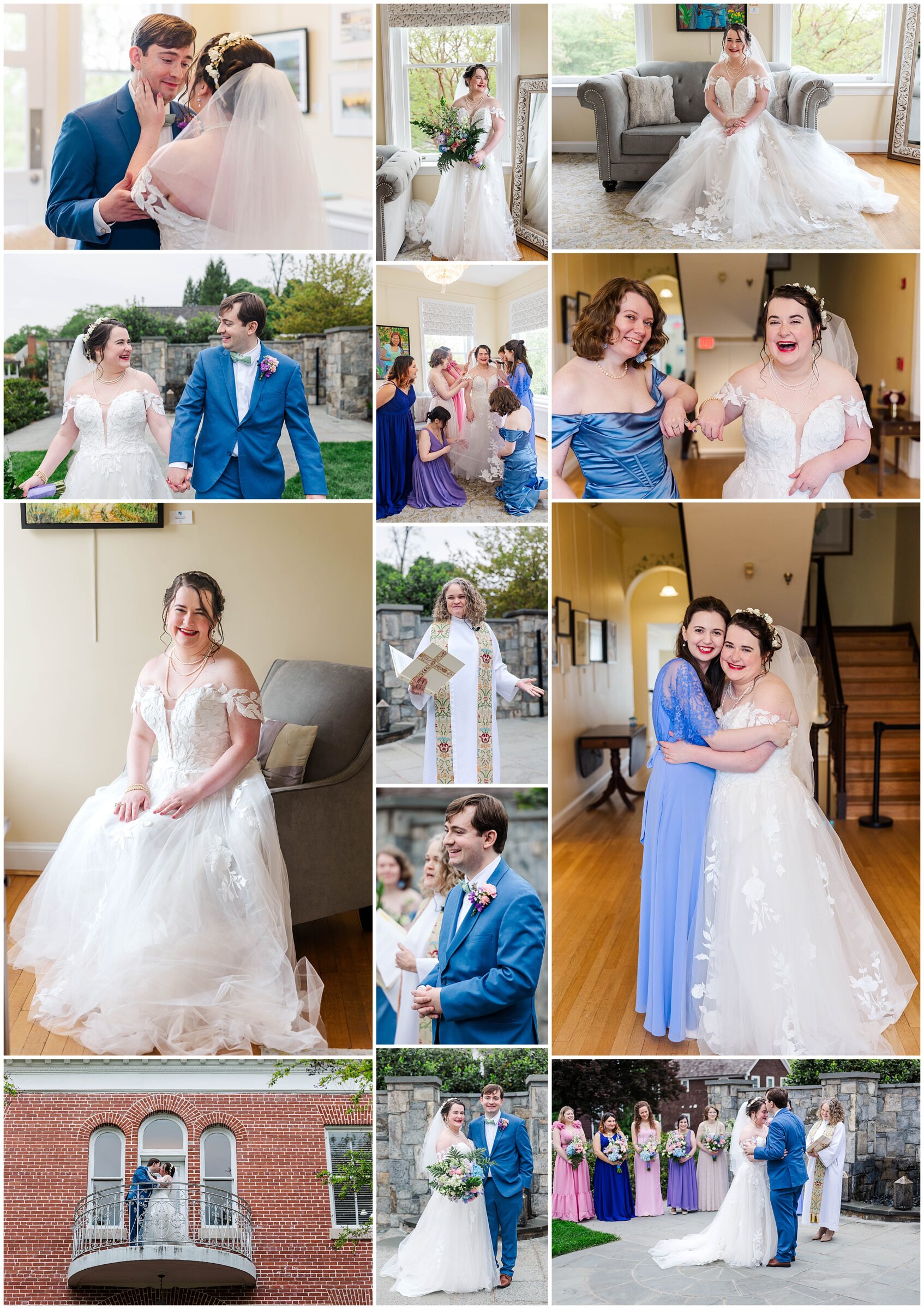 collage of images of couple and family on rainy wedding day at Kentlands Mansion