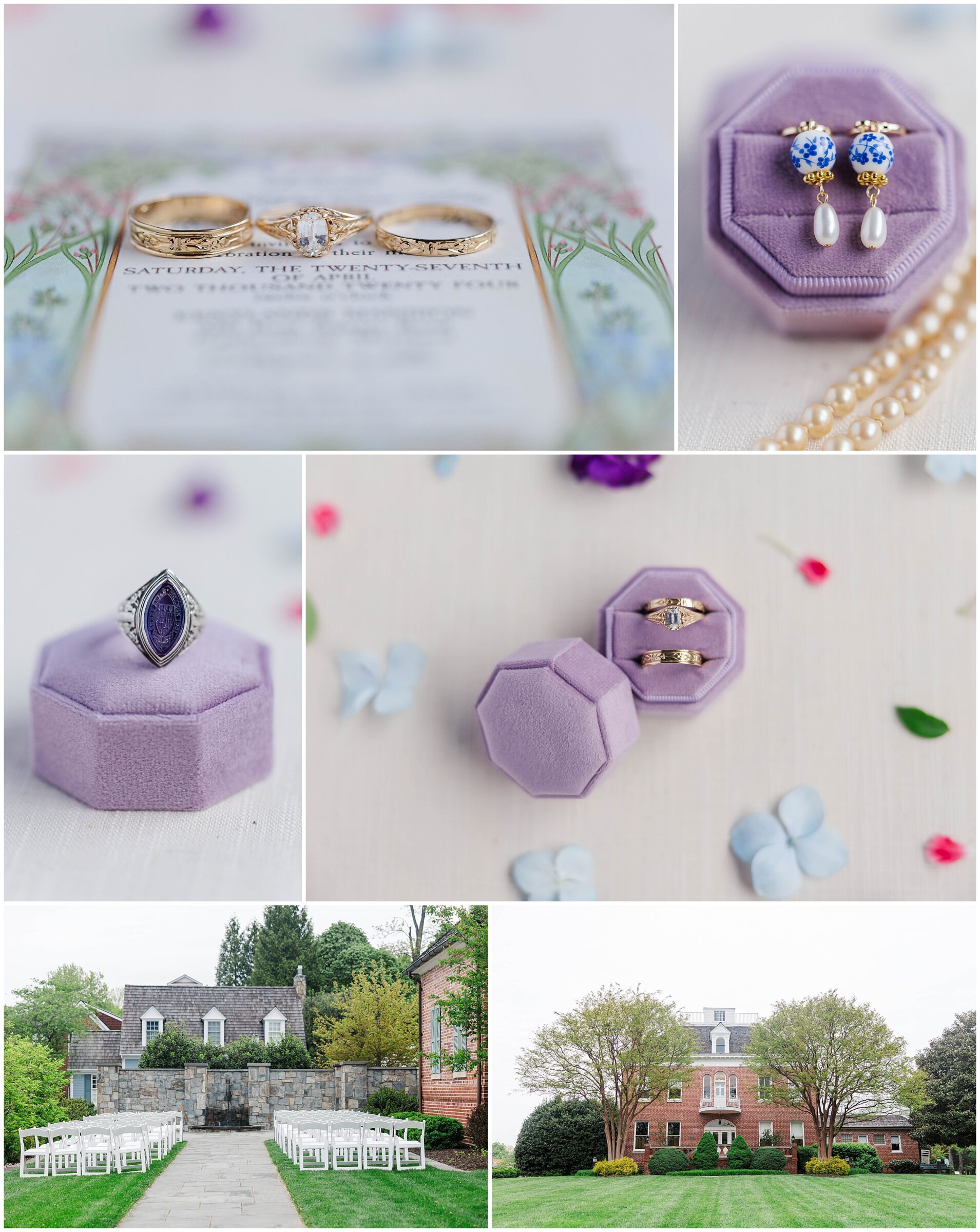 purple ring box and collage of images from a rainy wedding day