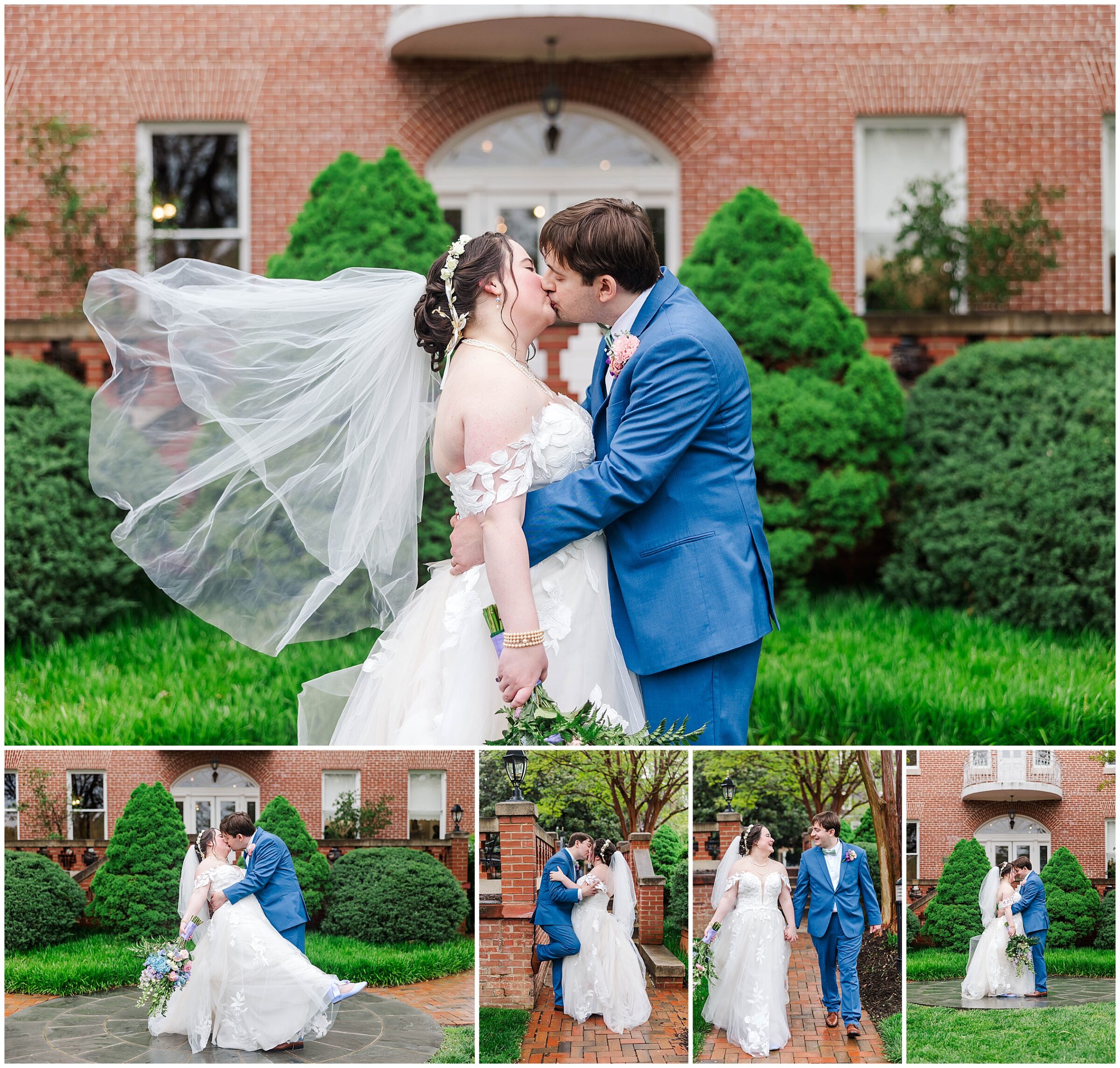 portraits of the couple outside Kentlands Mansion on a rainy wedding day