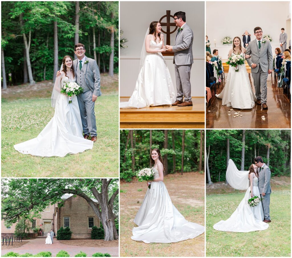 collage of portraits of Jeannine and Sam's church wedding in Williamsburg, VA - as William and Mary alums, the couple also did portraits on the college campus!