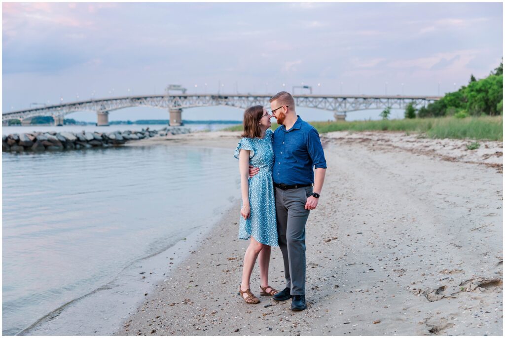 Incredible hues of purple during sunset with the bridge behind Eric and Chris