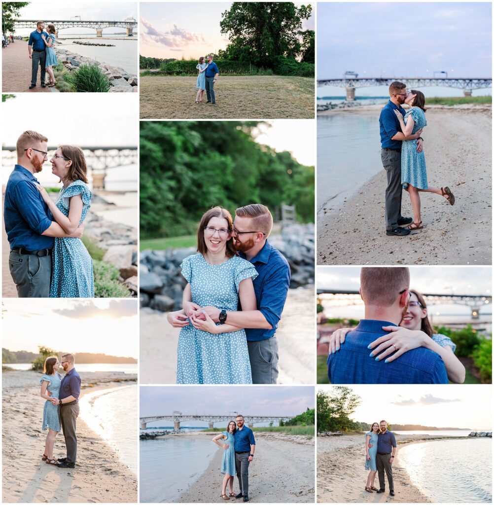 Collage of golden hour images at Erica and Chris' Yorktown Beach engagement session