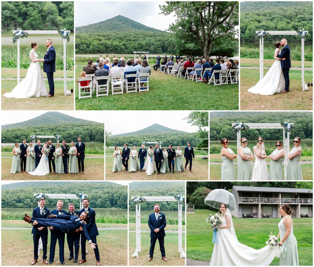 collage of ceremony and wedding party images at Chris and Erica's Peaks of Otter Lodge Wedding