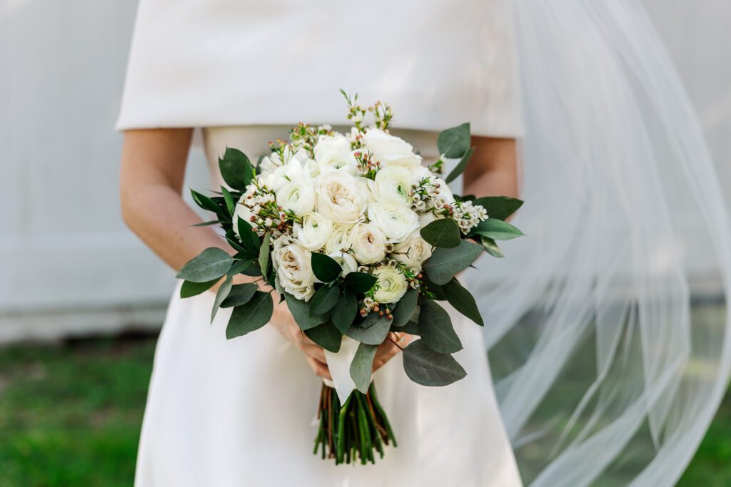 bouquet with white ranunculus by Virginia wedding photographer