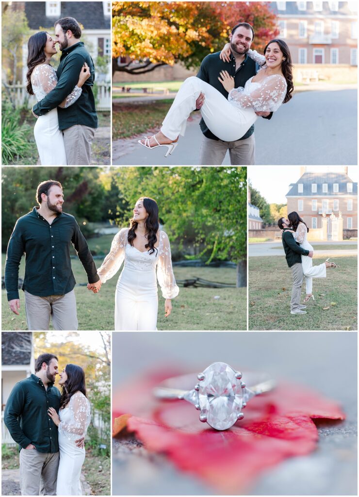collage of images from Colonial Williamsburg fall engagement session