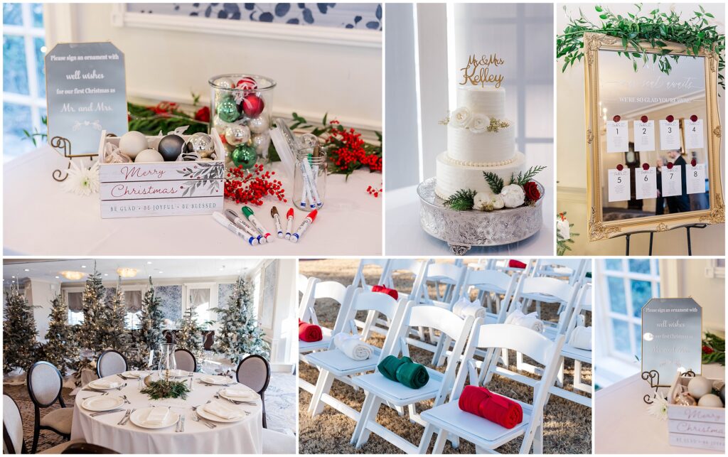 detail images of ornaments, cake, and chairs for Christmas Wedding in Williamsburg Inn