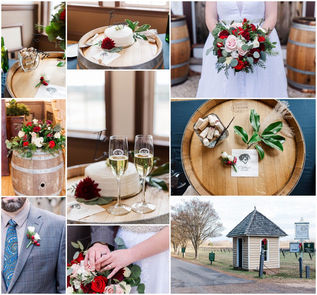 collage of detail images with red florals and wine glasses for Williamsburg Winery wedding