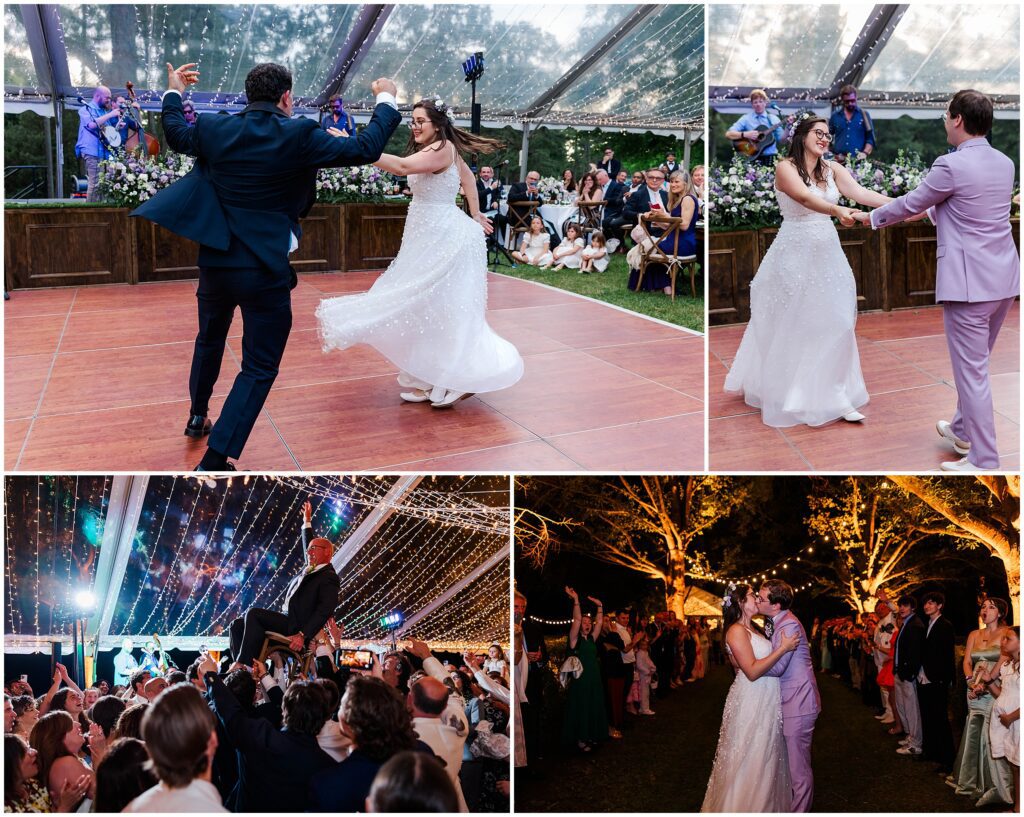 magical reception dancing under twinkly lights for unique wedding at Bassett Hall