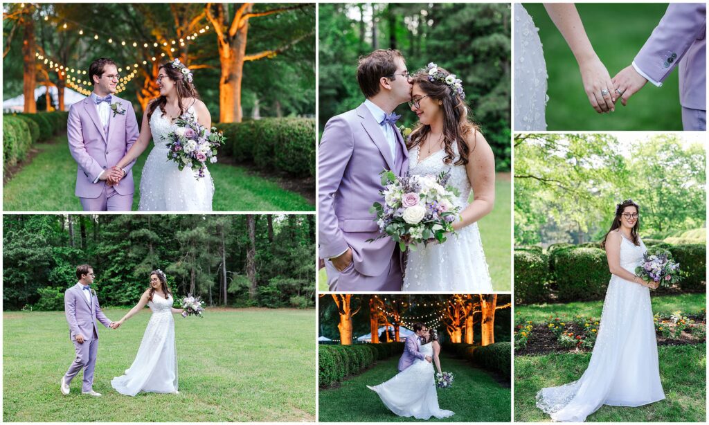 couple walks with trees unlit at their wedding at Bassett Hall