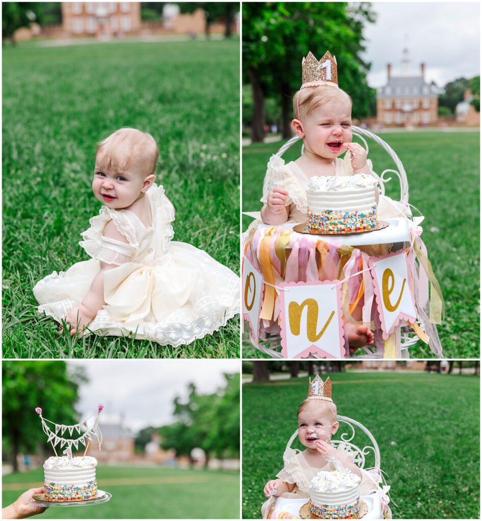 first birthday cake smash by family Colonial Williamsburg photographer on Governor's palace lawn