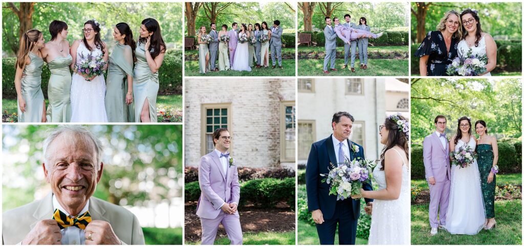 collage of images of family and wedding party portraits at purple Bassett Hall wedding