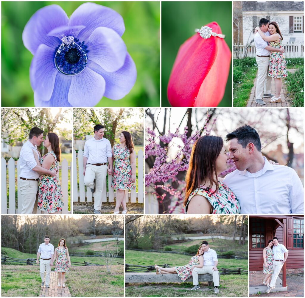 collage of glowy springtime Colonial Williamsburg engagement photos