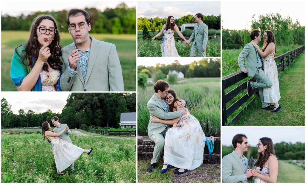 collage of images at golden hour Sweethaven Lavender Farm Engagement session