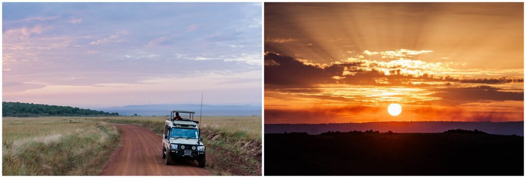 sunset and safari drive in Maasai Mara Kenya Africa