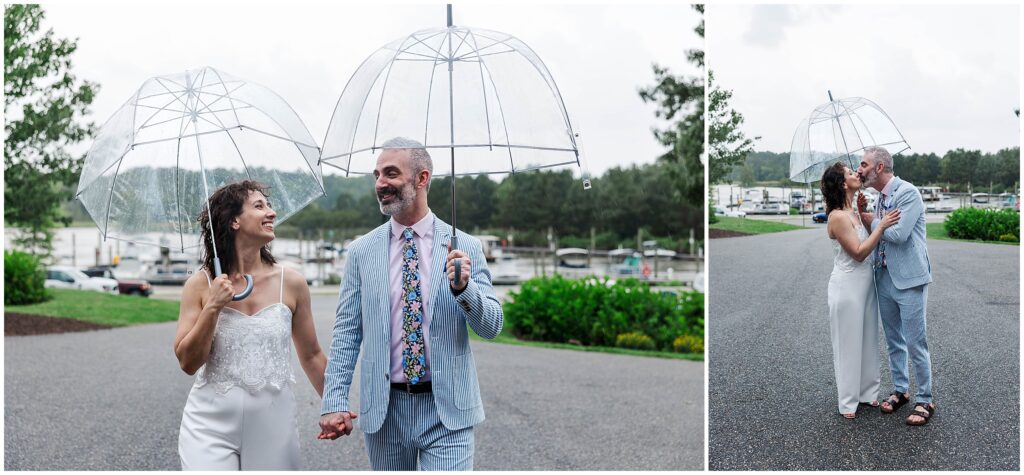 couple walks with clear umbrellas at Billsburg wedding reception