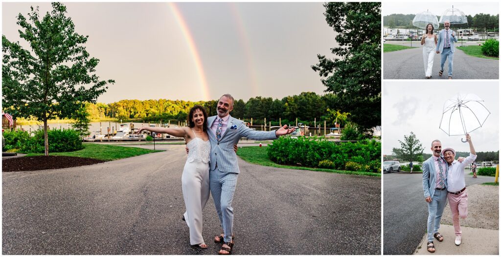 couple poses with arms out in front of double rainbow at their Billsburg wedding reception at Billsburg Brewery