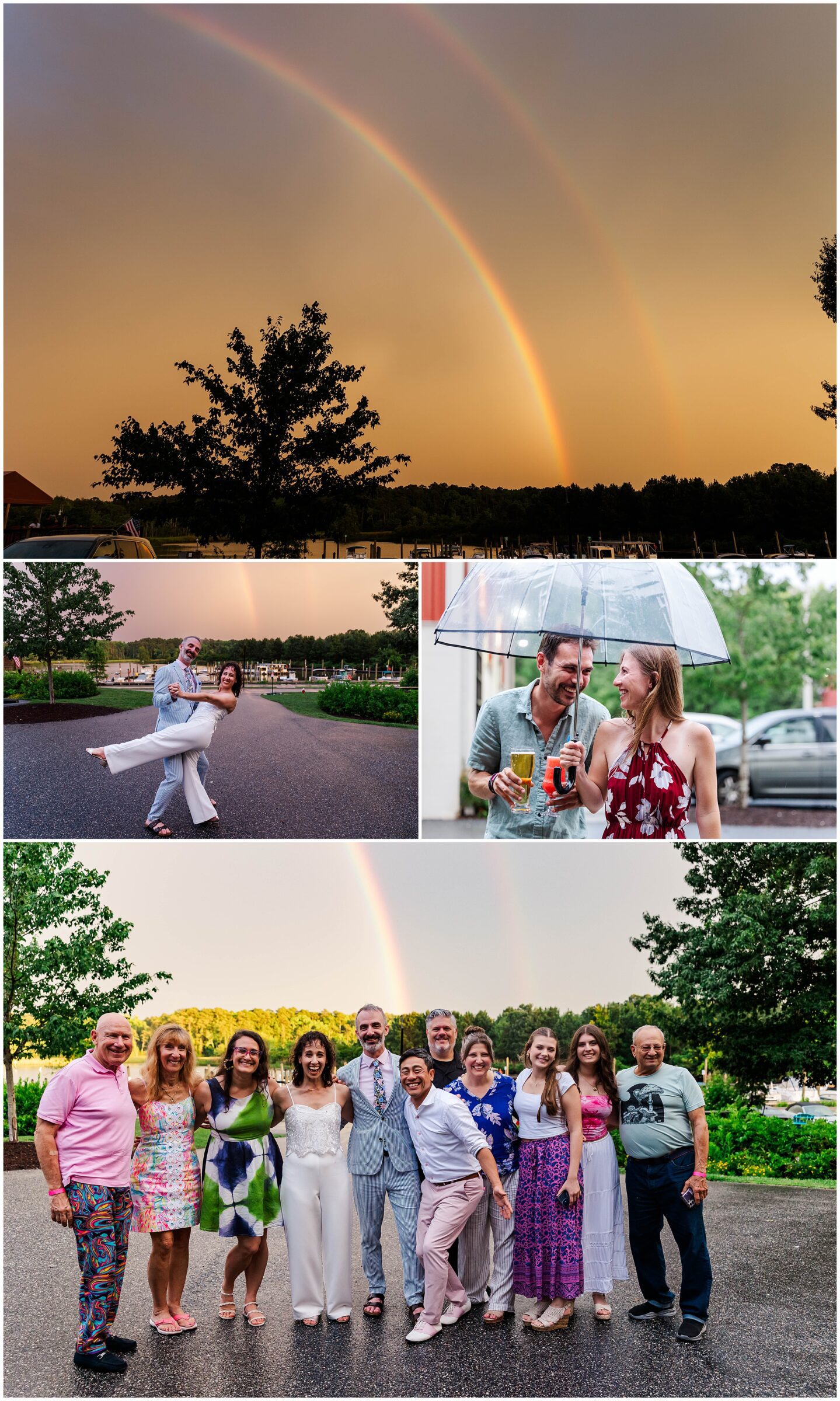 gorgeous double rainbow and fun images with rainy weather at Billsburg wedding reception
