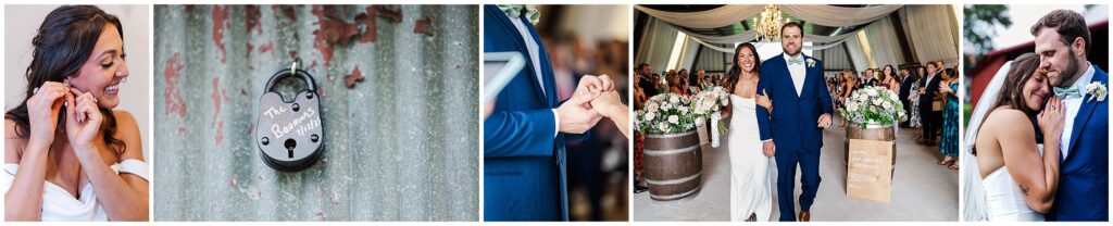 collage of lock and ceremony images by wedding photographer at Barns of Kanak