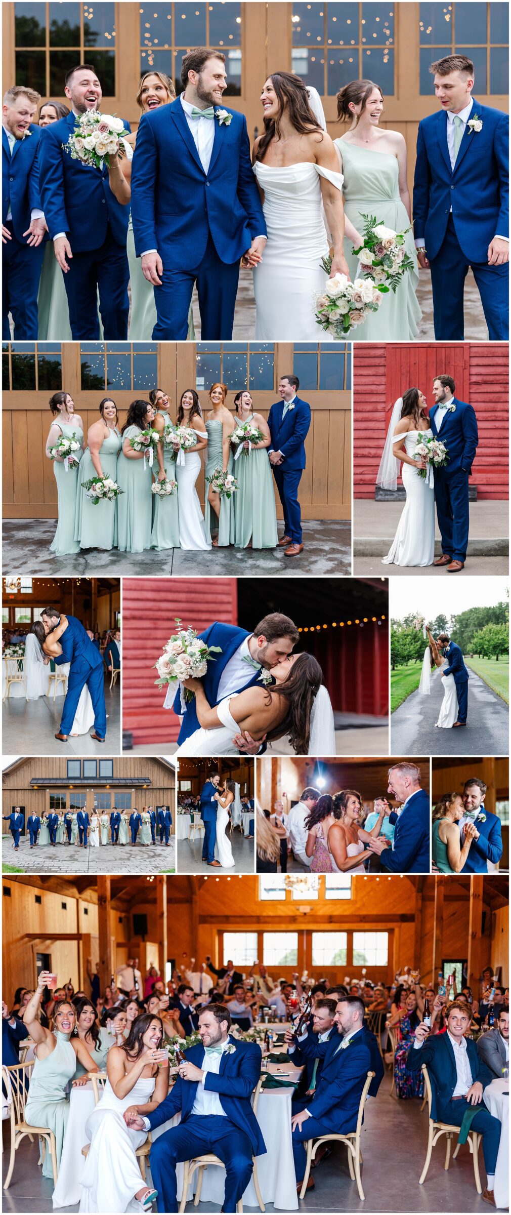 collage of candid moments with the wedding party and family at Barns of Kanak