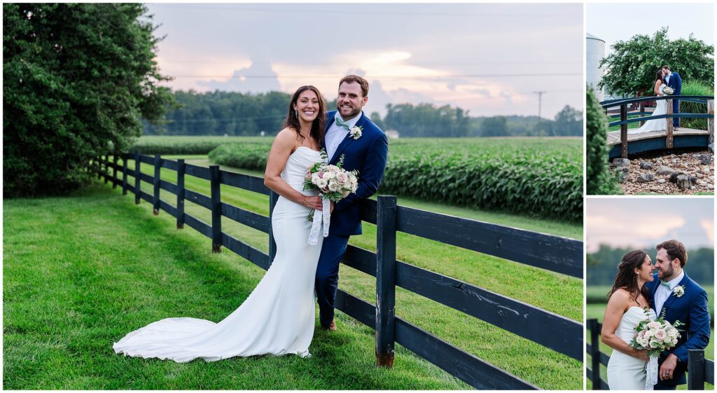 couple stands by fence with sunset in background at Barks of Kanak wedding