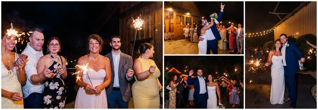 collage of sparkler exit celebrating Allison and Tyler after Barns of Kanak wedding