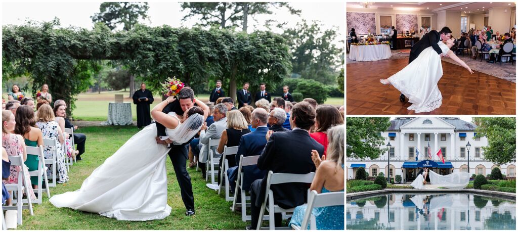 Bride and groom practicing a dance dip at Williamsburg Inn wedding reception.