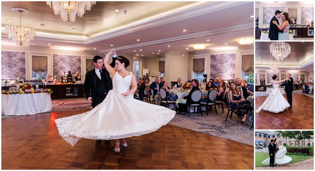 Bride twirling on the dance floor during Williamsburg Inn wedding reception.