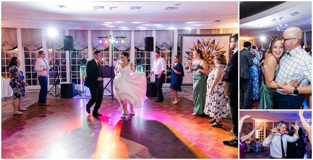 Guests dancing in a fun dance line during Williamsburg Inn wedding reception.