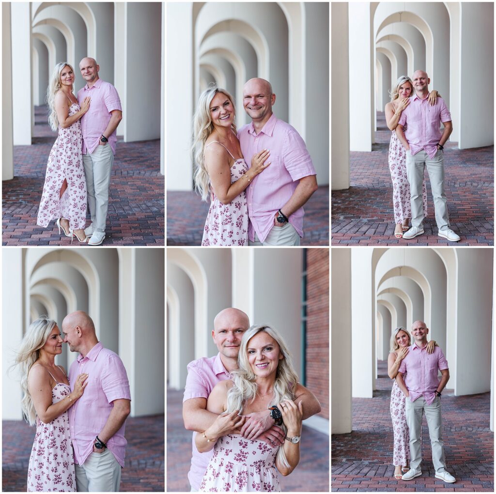 Couple posing under arches at Christopher Newport University during engagement photos.