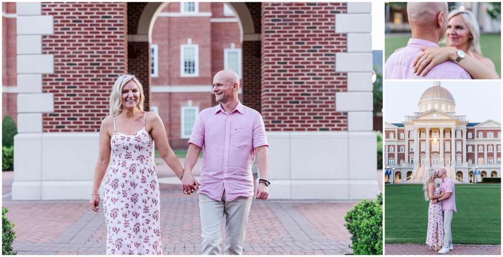 Engaged couple walking hand in hand during golden hour engagement session at CNU.