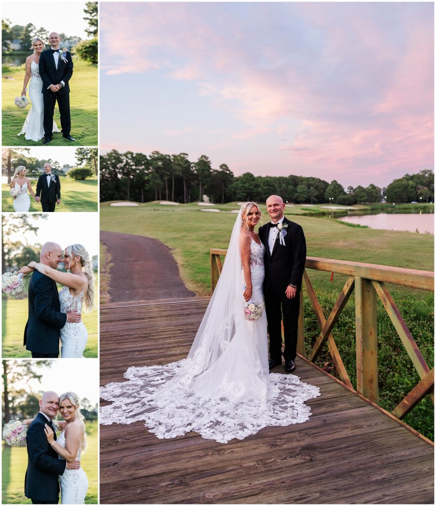 Bride and groom at golden hour on the golf course during Kiln Creek wedding portraits.