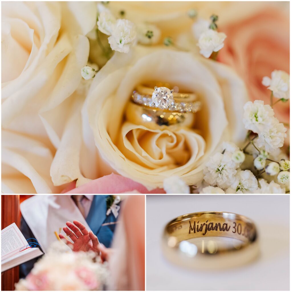 Wedding rings photographed in detail during Kiln Creek wedding celebration.