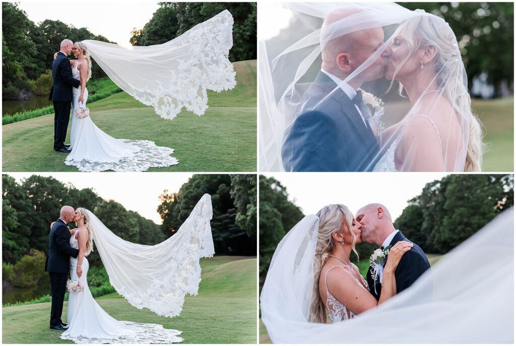Flowing bridal veil wrapped around couple during romantic portraits at Kiln Creek wedding.
