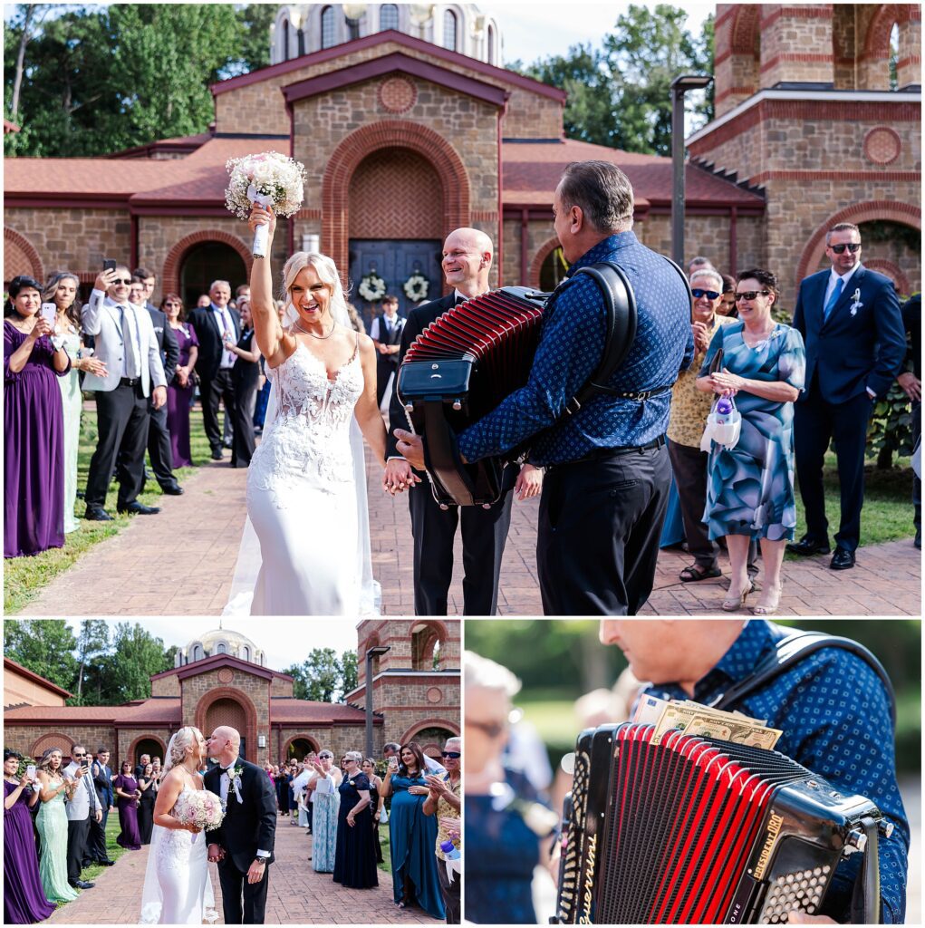Couple exiting St. Demetrios Greek Orthodox Church to accordion music during Serbian wedding.