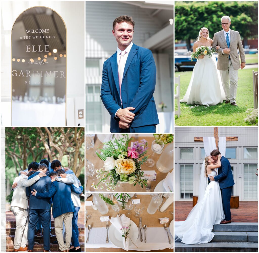 collage of detail and ceremony images for Elle and Gardiner's Williamsburg Community Building Wedding