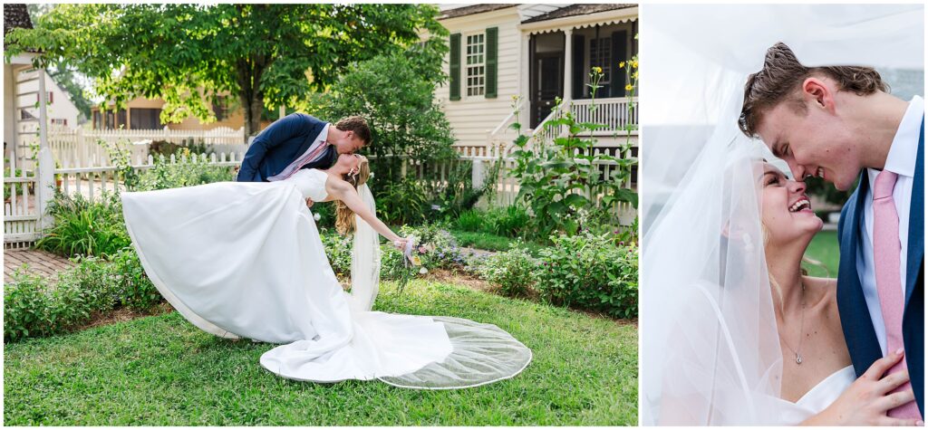 Portraits in a beautiful garden of Colonial Williamsburg at Elle and Gardiner's Williamsburg Community Building Wedding