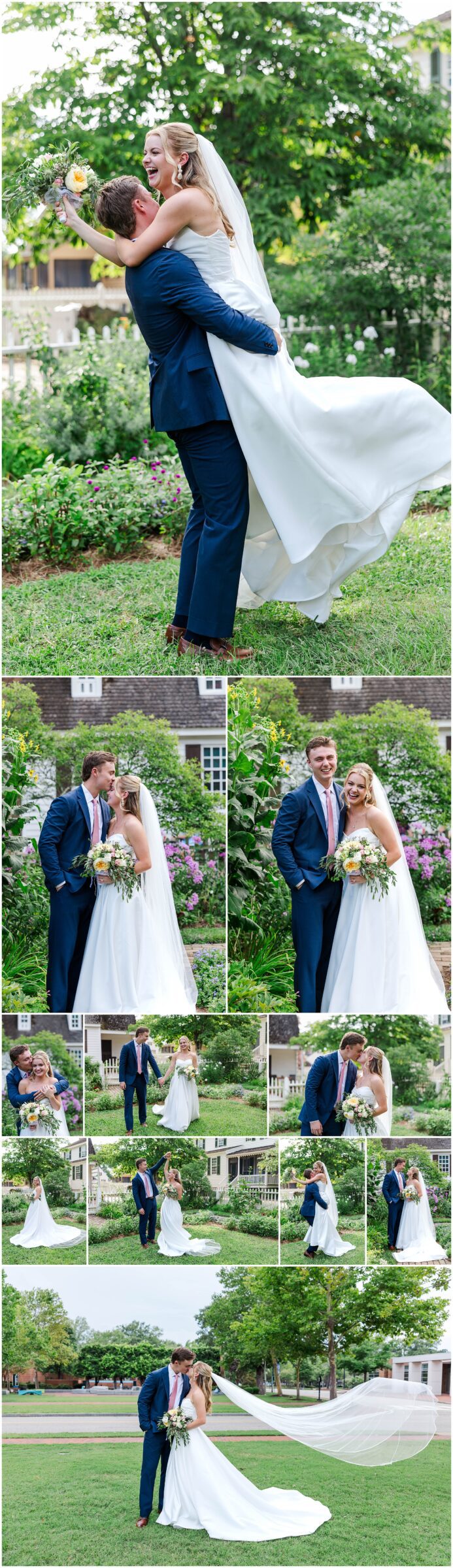 collage of veil and couple portraits in Colonial Williamsburg after a Williamsburg Community Building Wedding