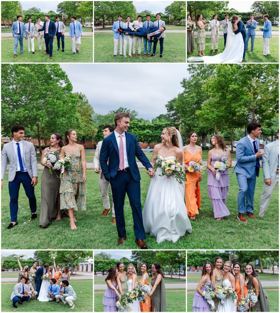 colorful summer wedding party outside Williamsburg Community Building Wedding