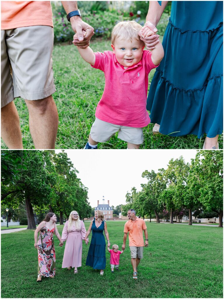 Williamsburg family photographer captures parents and kids walking together during a summer photo session.